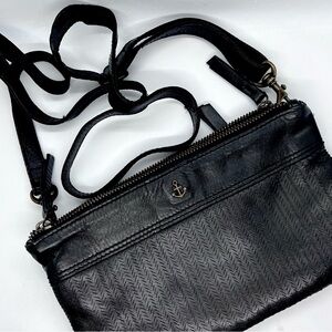 Harbour 2nd Black Leather Crossbody Bag Anchor Logo Double Zip Good Condition